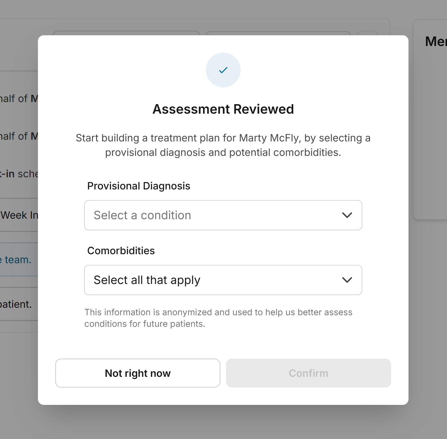 HiBoop patient dashboard showing assessment results and outcomes tracking